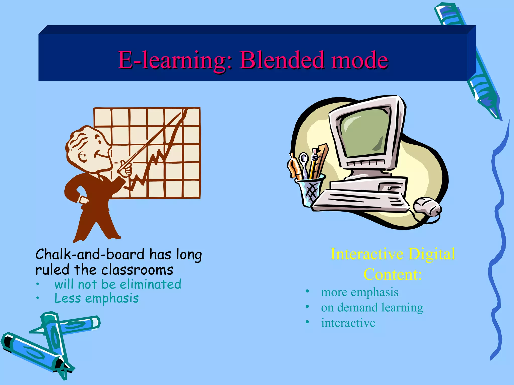 E-learning: Blended mode




Chalk-and-board has long          Interactive Digital
ruled the classrooms                   Content:
•   will not be eliminated
                              • more emphasis
•   Less emphasis
                              • on demand learning
                              • interactive
 