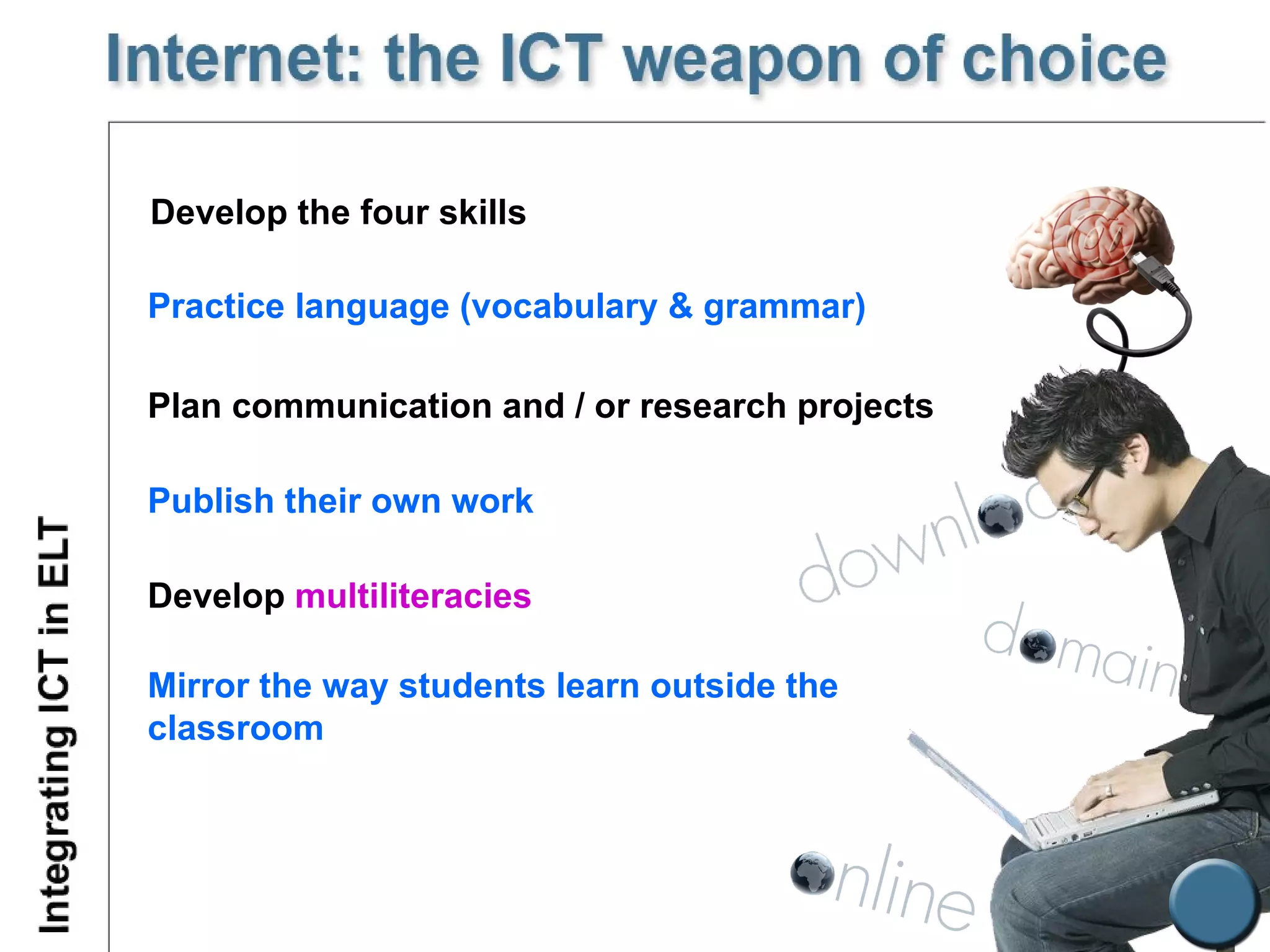 Develop the four skills Plan communication and / or research projects Publish their own work Practice language (vocabulary & grammar) Develop  multiliteracies Mirror the way students learn outside the classroom 