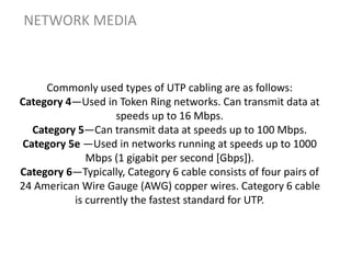 Commonly used types of UTP cabling are as follows:
Category 4—Used in Token Ring networks. Can transmit data at
speeds up to 16 Mbps.
Category 5—Can transmit data at speeds up to 100 Mbps.
Category 5e —Used in networks running at speeds up to 1000
Mbps (1 gigabit per second [Gbps]).
Category 6—Typically, Category 6 cable consists of four pairs of
24 American Wire Gauge (AWG) copper wires. Category 6 cable
is currently the fastest standard for UTP.
NETWORK MEDIA
 