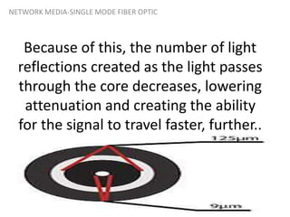 Because of this, the number of light
reflections created as the light passes
through the core decreases, lowering
attenuation and creating the ability
for the signal to travel faster, further..
NETWORK MEDIA-SINGLE MODE FIBER OPTIC
 
