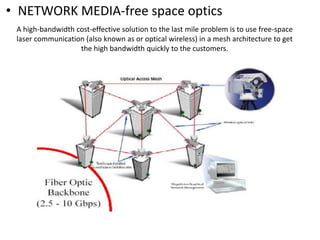 A high-bandwidth cost-effective solution to the last mile problem is to use free-space
laser communication (also known as or optical wireless) in a mesh architecture to get
the high bandwidth quickly to the customers.
• NETWORK MEDIA-free space optics
 