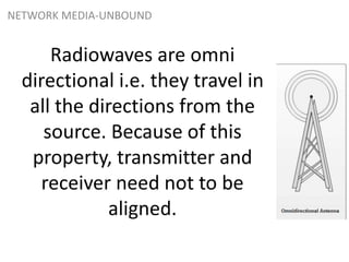 Radiowaves are omni
directional i.e. they travel in
all the directions from the
source. Because of this
property, transmitter and
receiver need not to be
aligned.
NETWORK MEDIA-UNBOUND
 