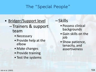 104Ash et al. (2003)
• Bridger/Support level
–Trainers & support
team
•Necessary
•Provide help at the
elbow
•Make changes
•Provide training
•Test the systems
–Skills
•Possess clinical
backgrounds
•Gain skills on the
job
•Show patience,
tenacity, and
assertiveness
The “Special People”
 