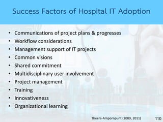 110
• Communications of project plans & progresses
• Workflow considerations
• Management support of IT projects
• Common visions
• Shared commitment
• Multidisciplinary user involvement
• Project management
• Training
• Innovativeness
• Organizational learning
Theera-Ampornpunt (2009, 2011)
Success Factors of Hospital IT Adoption
 