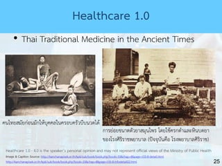 25
Healthcare 1.0
• Thai Traditional Medicine in the Ancient Times
Healthcare 1.0 - 4.0 is the speaker’s personal opinion and may not represent official views of the Ministry of Public Health
Image & Caption Source: http://kanchanapisek.or.th/kp6/sub/book/book.php?book=33&chap=8&page=t33-8-detail.html
http://kanchanapisek.or.th/kp6/sub/book/book.php?book=33&chap=8&page=t33-8-infodetail02.html
การย่อยขนาดตัวยาสมุนไพร โดยใช้ครกตาและหินบดยา
ของโรงศิริราชพยาบาล (ปัจจุบันคือ โรงพยาบาลศิริราช)
คนไทยสมัยก่อนมักให้บุคคลในครอบครัวบีบนวดได้
 
