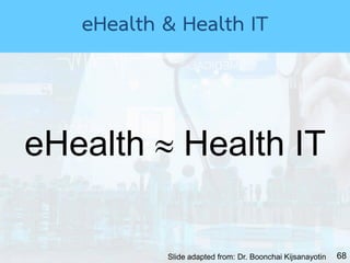 68
eHealth  Health IT
Slide adapted from: Dr. Boonchai Kijsanayotin
eHealth & Health IT
 