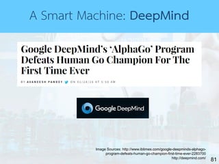 81
A Smart Machine: DeepMind
Image Sources: http://www.ibtimes.com/google-deepminds-alphago-
program-defeats-human-go-champion-first-time-ever-2283700
http://deepmind.com/
 