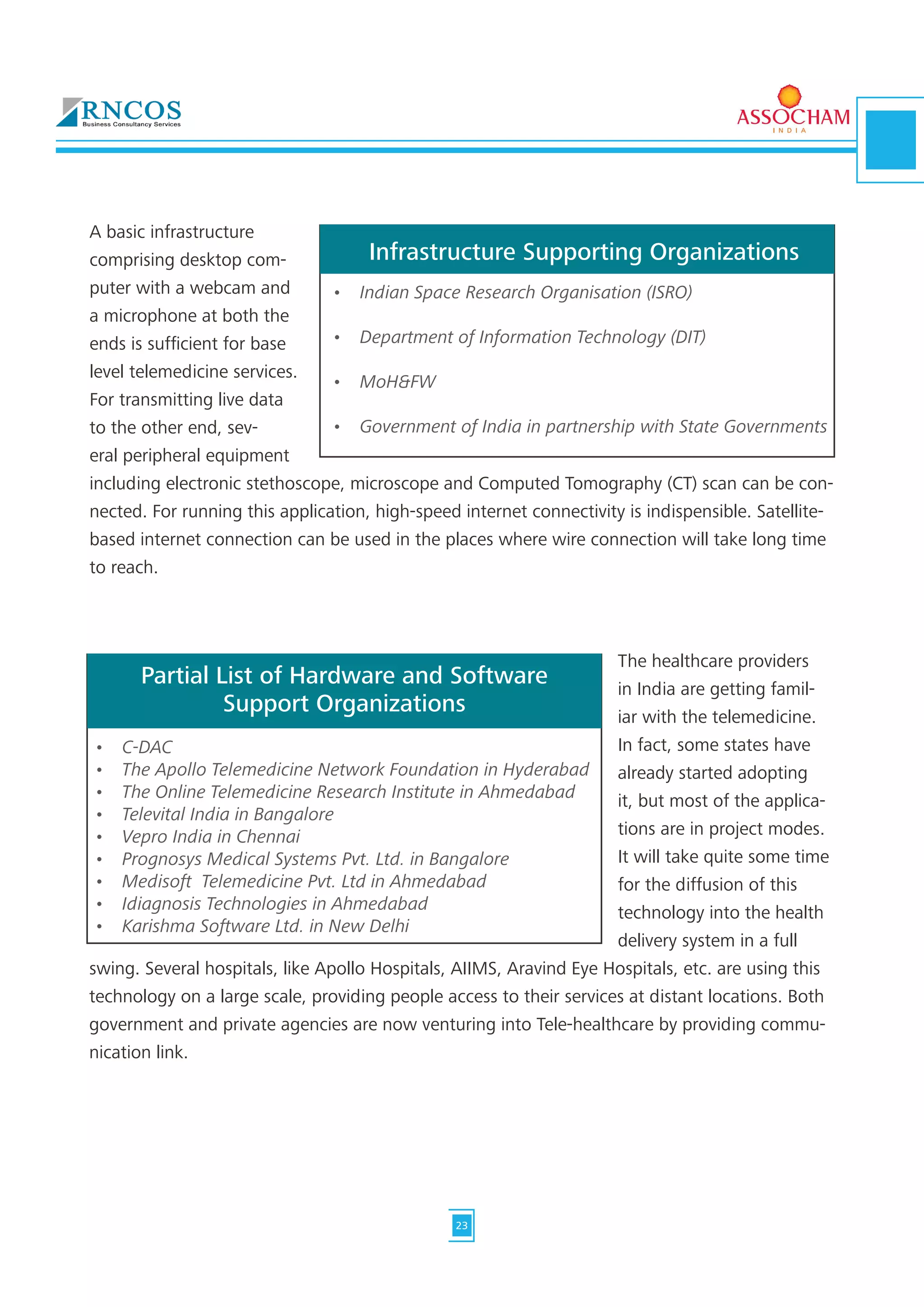 A basic infrastructure
comprising desktop com-
puter with a webcam and
a microphone at both the
ends is sufficient for base
level telemedicine services.
For transmitting live data
to the other end, sev-
eral peripheral equipment
including electronic stethoscope, microscope and Computed Tomography (CT) scan can be con-
nected. For running this application, high-speed internet connectivity is indispensible. Satellite-
based internet connection can be used in the places where wire connection will take long time
to reach.
The healthcare providers
in India are getting famil-
iar with the telemedicine.
In fact, some states have
already started adopting
it, but most of the applica-
tions are in project modes.
It will take quite some time
for the diffusion of this
technology into the health
delivery system in a full
swing. Several hospitals, like Apollo Hospitals, AIIMS, Aravind Eye Hospitals, etc. are using this
technology on a large scale, providing people access to their services at distant locations. Both
government and private agencies are now venturing into Tele-healthcare by providing commu-
nication link.
•	 Indian Space Research Organisation (ISRO)	
•	 Department of Information Technology (DIT)	
•	 MoH&FW	
•	 Government of India in partnership with State Governments
Infrastructure Supporting Organizations
•	 C-DAC
•	 The Apollo Telemedicine Network Foundation in Hyderabad
•	 The Online Telemedicine Research Institute in Ahmedabad
•	 Televital India in Bangalore
•	 Vepro India in Chennai
•	 Prognosys Medical Systems Pvt. Ltd. in Bangalore
•	 Medisoft  Telemedicine Pvt. Ltd in Ahmedabad
•	 Idiagnosis Technologies in Ahmedabad
•	 Karishma Software Ltd. in New Delhi
Partial List of Hardware and Software
Support Organizations
23
 