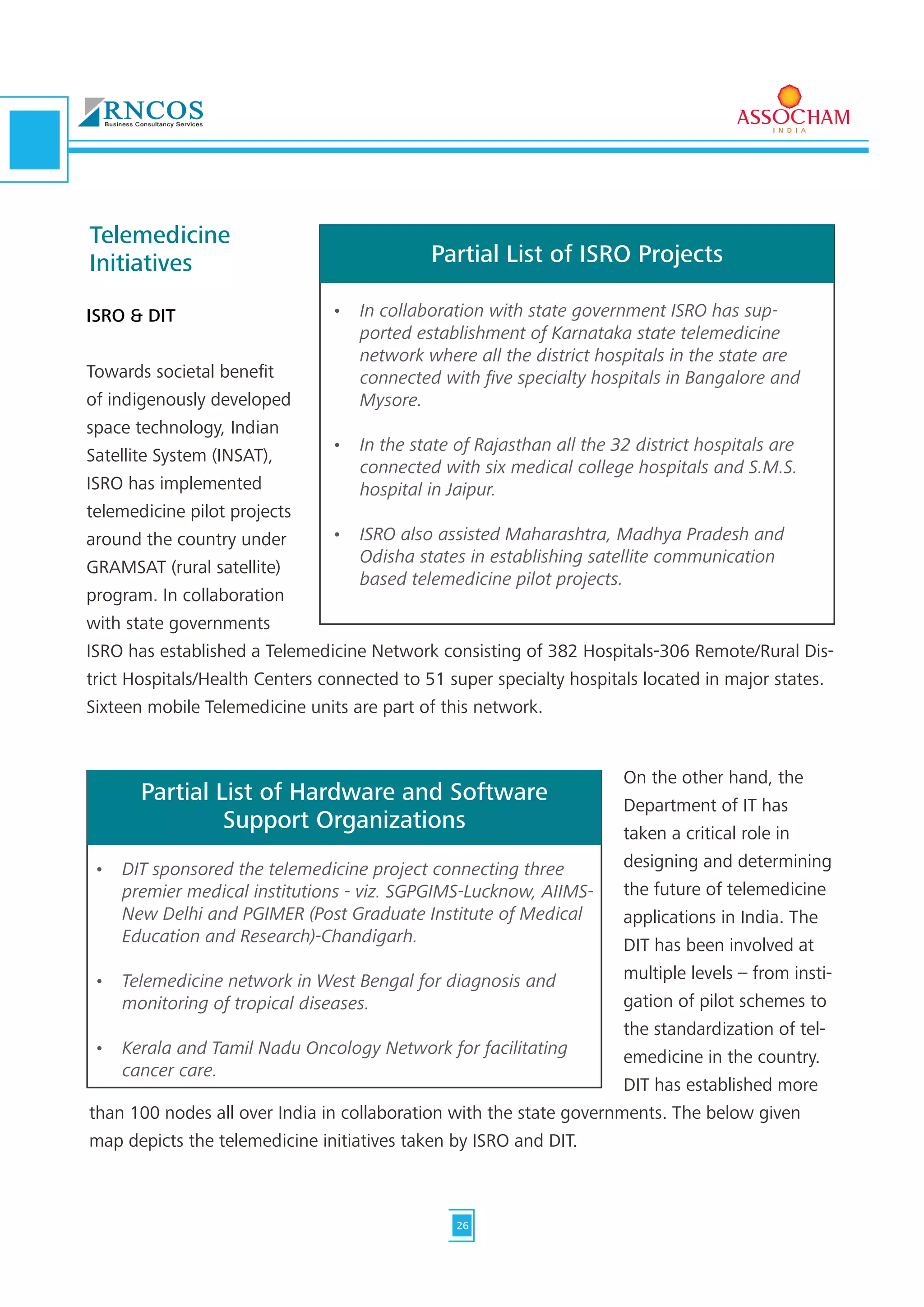 ISRO & DIT
Towards societal benefit
of indigenously developed
space technology, Indian
Satellite System (INSAT),
ISRO has implemented
telemedicine pilot projects
around the country under
GRAMSAT (rural satellite)
program. In collaboration
with state governments
ISRO has established a Telemedicine Network consisting of 382 Hospitals-306 Remote/Rural Dis-
trict Hospitals/Health Centers connected to 51 super specialty hospitals located in major states.
Sixteen mobile Telemedicine units are part of this network.
•	 In collaboration with state government ISRO has sup-
ported establishment of Karnataka state telemedicine
network where all the district hospitals in the state are
connected with five specialty hospitals in Bangalore and
Mysore. 	
•	 In the state of Rajasthan all the 32 district hospitals are
connected with six medical college hospitals and S.M.S.
hospital in Jaipur. 	
•	 ISRO also assisted Maharashtra, Madhya Pradesh and
Odisha states in establishing satellite communication
based telemedicine pilot projects.
Partial List of ISRO Projects
Telemedicine
Initiatives
On the other hand, the
Department of IT has
taken a critical role in
designing and determining
the future of telemedicine
applications in India. The
DIT has been involved at
multiple levels – from insti-
gation of pilot schemes to
the standardization of tel-
emedicine in the country.
DIT has established more
than 100 nodes all over India in collaboration with the state governments. The below given
map depicts the telemedicine initiatives taken by ISRO and DIT.
•	 DIT sponsored the telemedicine project connecting three
premier medical institutions - viz. SGPGIMS-Lucknow, AIIMS-
New Delhi and PGIMER (Post Graduate Institute of Medical
Education and Research)-Chandigarh. 	
•	 Telemedicine network in West Bengal for diagnosis and
monitoring of tropical diseases.	
•	 Kerala and Tamil Nadu Oncology Network for facilitating
cancer care.
Partial List of Hardware and Software
Support Organizations
26
 