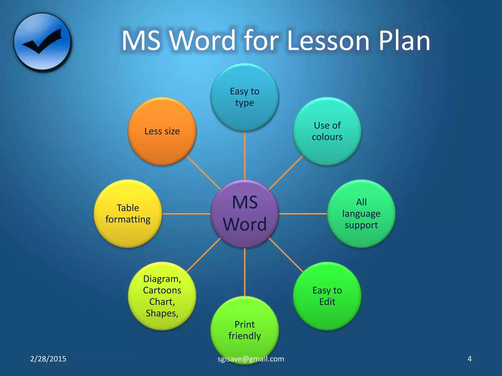 MS Word for Lesson Plan
MS
Word
Easy to
type
Use of
colours
All
language
support
Easy to
Edit
Print
friendly
Diagram,
Cartoons
Chart,
Shapes,
Table
formatting
Less size
2/28/2015 4sgisave@gmail.com
 