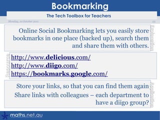 AppletsThis is where I started, putting technology into my lessonsTeacher AppletsStudents AppletsLets students visualise Mathematics21Monday, 10 October 2011