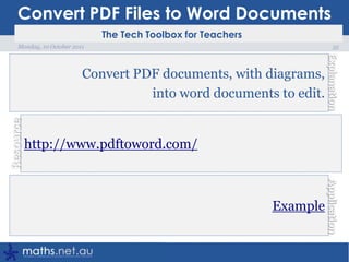 Comics33Monday, 10 October 2011Create a cartoon / comic strip. Drag and drop the speech bubbles, people and scenes.http://www.bitstrips.com/Create a cartoon yourself for a topic, or get students to present their work in cartoon form.