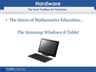 SkypeOne of my students in Year 11 Extension 1 Mathematics was scheduled to have an operation on his knee and came up with a brilliant plan to not fall behind. The course goes very quickly and missing any lesson can be difficult – we were going to cover Superannuation using a GP.He organised with a friend to skype in from home to watch the lesson as we progressed.For part of the lesson, he was sitting on a table in front of the projector screen (well… the laptop he was skyped into).For the rest of the lesson, he sat in his usual seat.I wonder if UStream would have been an easier alternative – although it would not have allowed him to put up his hand and ask any questions.37Monday, 10 October 2011