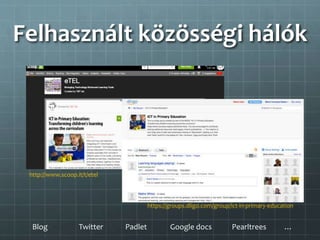 Felhasznált közösségi hálók
http://www.scoop.it/t/etel
Blog Twitter
https://groups.diigo.com/group/ict-in-primary-education
…Padlet Google docs Pearltrees
 
