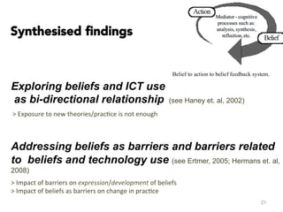 
Exploring beliefs and ICT use
as bi-directional relationship (see Haney et. al, 2002)
	
  >	
  Exposure	
  to	
  new	
  theories/prac#ce	
  is	
  not	
  enough	
  
Addressing beliefs as barriers and barriers related
to beliefs and technology use (see Ertmer, 2005; Hermans et. al,
2008)
	
  
>	
  Impact	
  of	
  barriers	
  on	
  expression/development	
  of	
  beliefs	
  
>	
  Impact	
  of	
  beliefs	
  as	
  barriers	
  on	
  change	
  in	
  prac#ce	
  
	
  
	
  
21
Synthesised ﬁndings
 