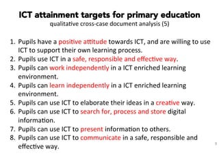 9
1.  Pupils	
  have	
  a	
  posi#ve	
  a;tude	
  towards	
  ICT,	
  and	
  are	
  willing	
  to	
  use	
  
ICT	
  to	
  support	
  their	
  own	
  learning	
  process.	
  
2.  Pupils	
  use	
  ICT	
  in	
  a	
  safe,	
  responsible	
  and	
  eﬀec#ve	
  way.	
  
3.  Pupils	
  can	
  work	
  independently	
  in	
  a	
  ICT	
  enriched	
  learning	
  
environment.	
  
4.  Pupils	
  can	
  learn	
  independently	
  in	
  a	
  ICT	
  enriched	
  learning	
  
environment.	
  
5.  Pupils	
  can	
  use	
  ICT	
  to	
  elaborate	
  their	
  ideas	
  in	
  a	
  crea#ve	
  way.	
  	
  
6.  Pupils	
  can	
  use	
  ICT	
  to	
  search	
  for,	
  process	
  and	
  store	
  digital	
  
informa#on.	
  
7.  Pupils	
  can	
  use	
  ICT	
  to	
  present	
  informa#on	
  to	
  others.	
  
8.  Pupils	
  can	
  use	
  ICT	
  to	
  communicate	
  in	
  a	
  safe,	
  responsible	
  and	
  
eﬀec#ve	
  way.	
  	
  
ICT attainment targets for primary education
qualita#ve	
  cross-­‐case	
  document	
  analysis	
  (5)	
  
 