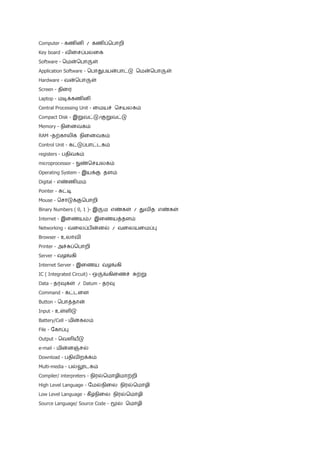Computer - கணினி / கணிப்பொறிKey board - விசைப்பலகைSoftware - மென்பொருள்Application Software - பொதுபயன்பாட்டு மென்பொருள்Hardware - வன்பொருள்Screen - திரைLaptop - மடிக்கணினிCentral Processing Unit - மையச் செயலகம்Compact Disk - இறுவட்டு/குறுவட்டுMemory - நினைவகம்RAM -தற்காலிக‌ நினைவகம்Control Unit - கட்டுப்பாட்டகம்registers - பதிவகம்microprocessor - நுண்செயலகம்Operating System - இயக்கு தளம்Digital - எண்ணிமம்Pointer - சுட்டிMouse - சொடுக்குபொறிBinary Numbers ( 0, 1 )- இரும எண்கள் / துவித‌ எண்கள்Internet - இணையம்/ இணையத்தளம் Networking - வலைப்பின்னல் / வலையமைப்பு Browser - உலாவிPrinter - அச்சுப்பொறிServer - வழங்கிInternet Server - இணைய வழங்கிIC ( Integrated Circuit) - ஒருங்கிணைச் சுற்றுData - தரவுகள் / Datum - தரவுCommand - கட்டளைButton - பொத்தான்Input - உள்ளிடுBattery/Cell - மின்கலம்File - கோப்புOutput - வெளியீடுe-mail - மின்னஞ்சல்Download - பதிவிறக்கம்Multi-media - பல்லூடகம்Compiler/ interpreters - நிரல்மொழிமாற்றி High Level Language - மேல்நிலை நிரல்மொழிLow Level Language - கீழ்நிலை நிரல்மொழி Source Language/ Source Code - மூல மொழி Machine Language - பொறி மொழிExecutable Program - நிறைவேற்றத்தகு நிரல்Execute - நிறைவேற்றுSource Code Optimizer - மூல மொழி ஊகவுறுத்திCode Generator - குறிமுறை இயற்றி/நிரல் இயற்றிTarget Code Optimizer - பெயர்ப்பு மொழி ஊகவுறுத்திTool Bar - கருவிப்பட்டைIT (information Technology) - தகவல் தொழில்நுட்பம்Interface- இடைமுகம்/இடைமுகப்புtable -அட்டவணைList - பட்டியல்object oriented language - பொருள்நோக்கு நிரல்மொழிData Base - தரவுத்தளம்Free/Open - கட்டற்றFunction - செயற்கூறு<br />