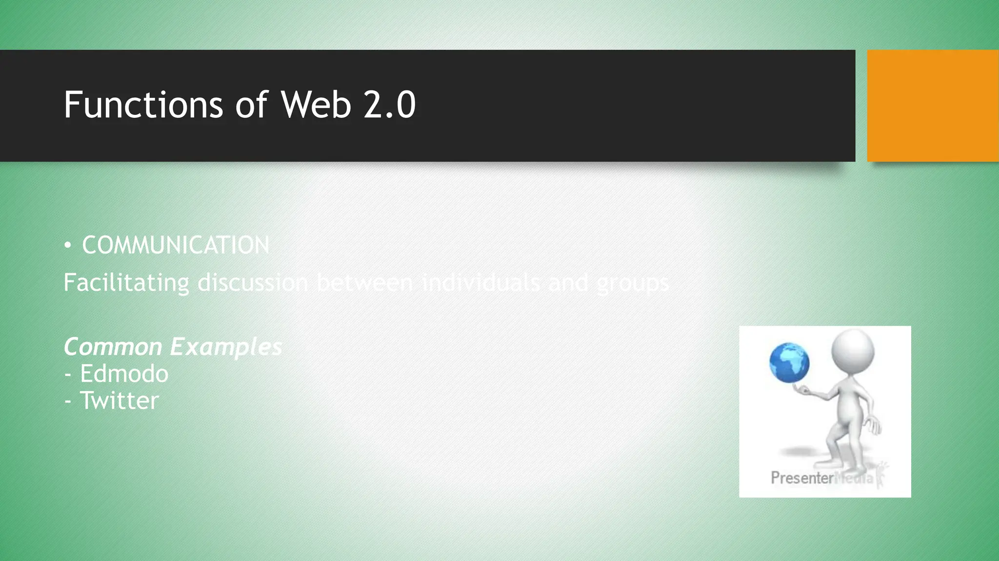 Functions of Web 2.0
• COMMUNICATION
Facilitating discussion between individuals and groups
Common Examples
- Edmodo
- Twitter