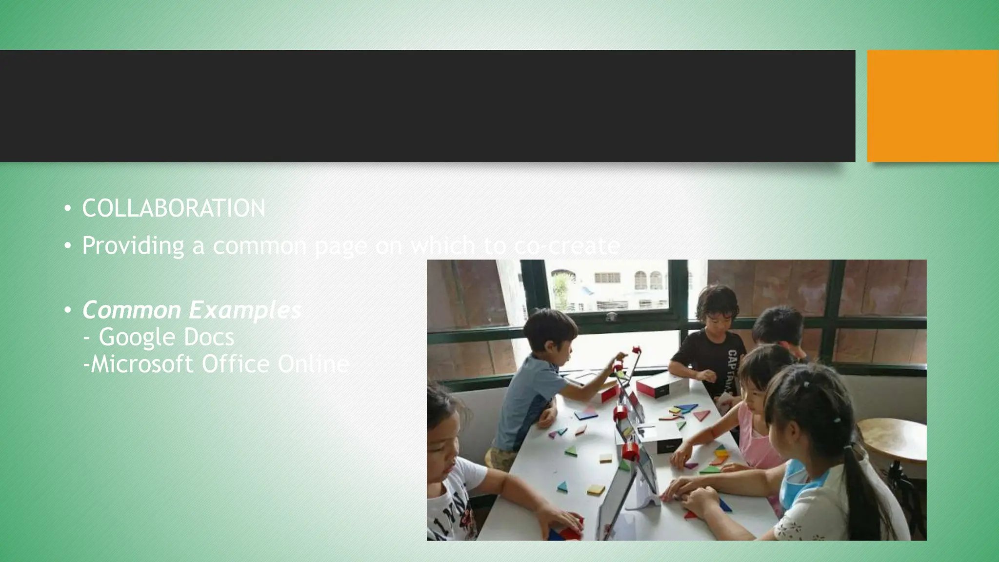 • COLLABORATION
• Providing a common page on which to co-create
• Common Examples
- Google Docs
-Microsoft Office Online