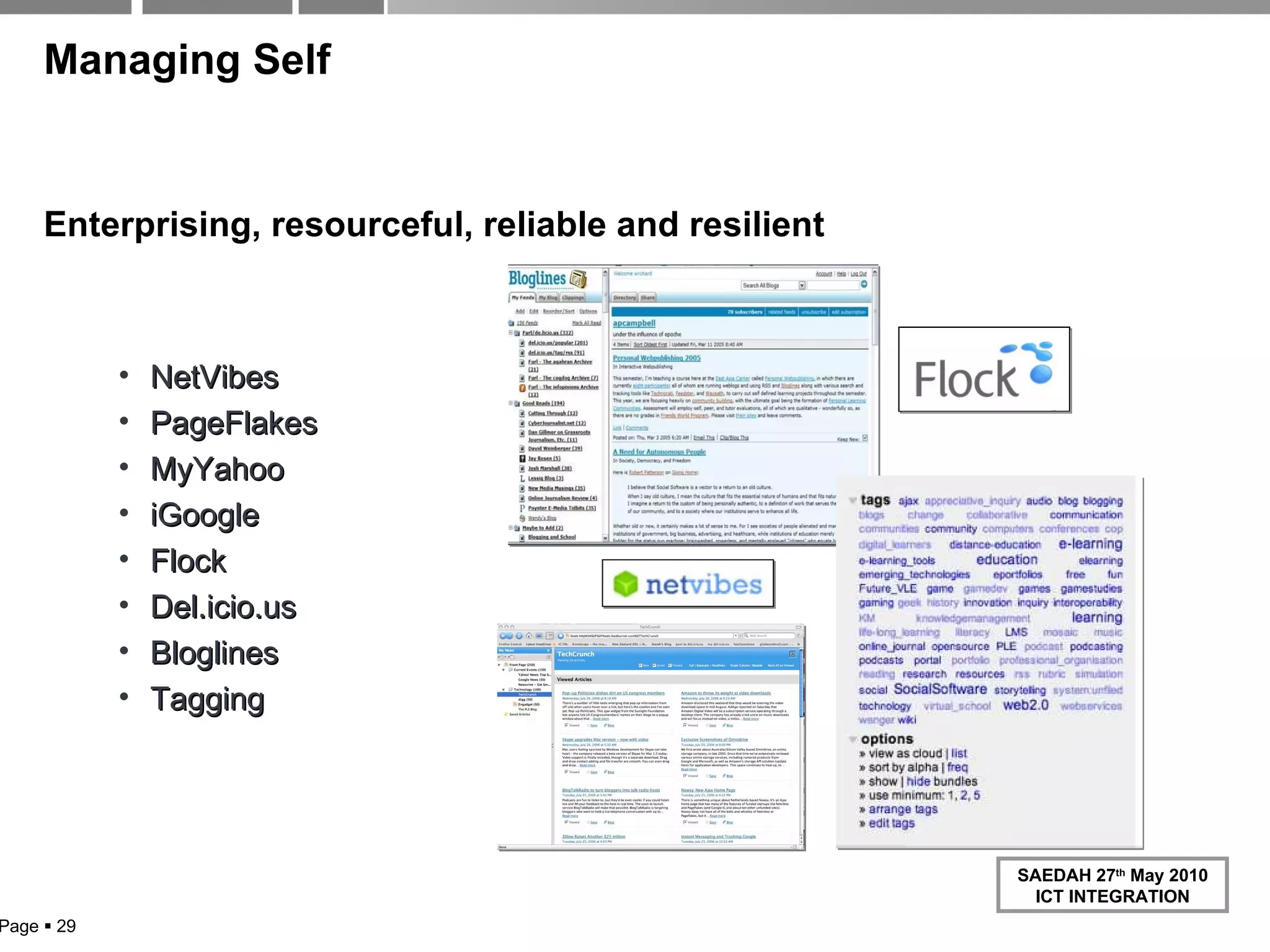 Managing Self Enterprising, resourceful, reliable and resilient NetVibes PageFlakes MyYahoo iGoogle Flock Del.icio.us Bloglines Tagging Page     
