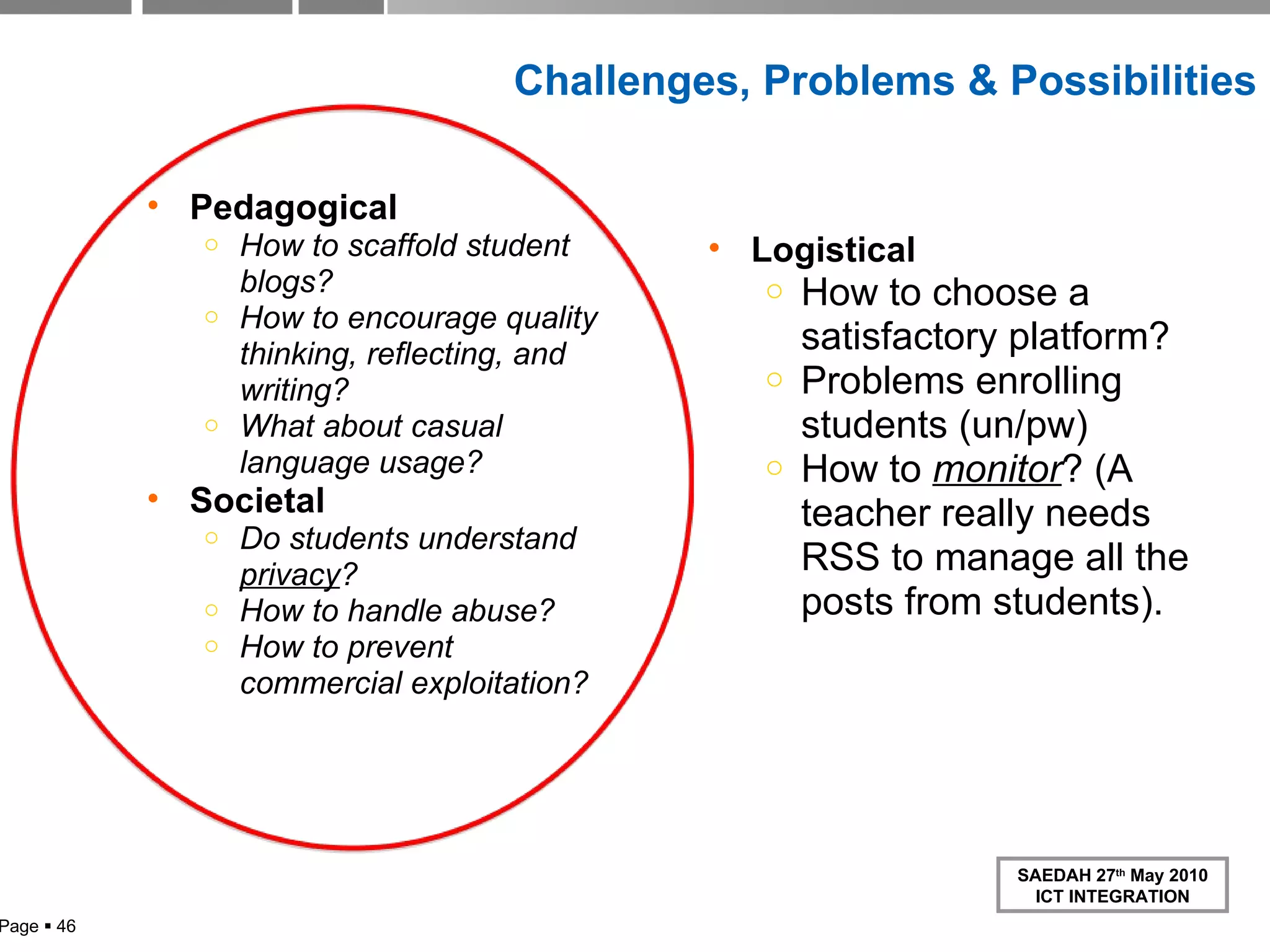 Challenges, Problems & Possibilities Pedagogical How to scaffold student blogs? How to encourage quality thinking, reflecting, and writing? What about casual language usage? Societal   Do students understand  privacy ?  How to handle abuse?  How to prevent commercial exploitation? Logistical How to choose a satisfactory platform? Problems enrolling students (un/pw) How to  monitor ? (A teacher really needs RSS to manage all the posts from students). Page     