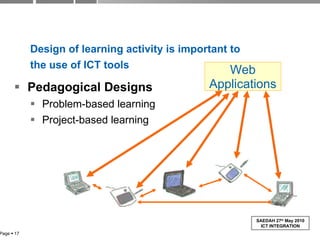 <ul><ul><li>Design of learning activity is important to  </li></ul></ul><ul><ul><li>the use of ICT tools </li></ul></ul><u...