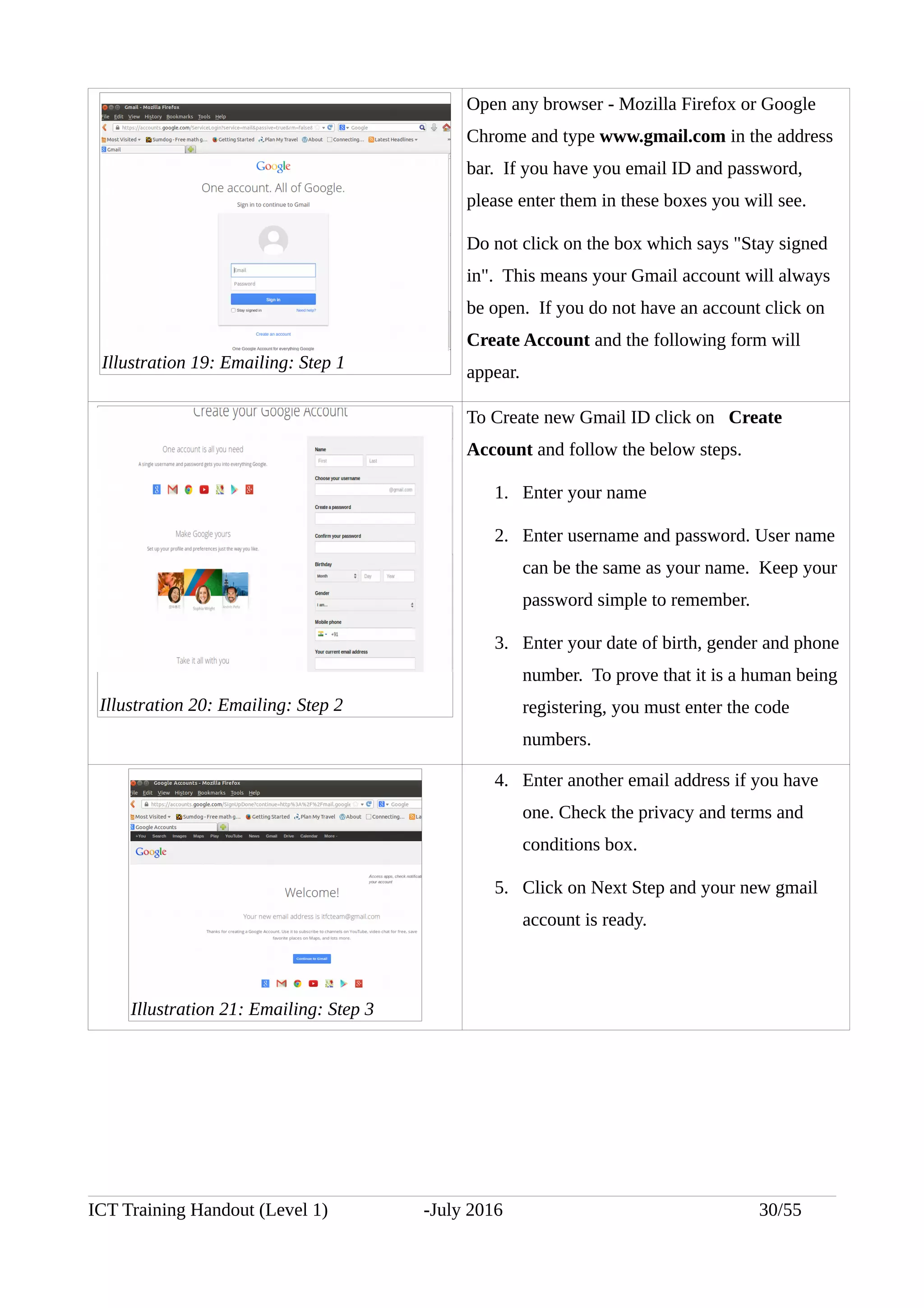Open any browser - Mozilla Firefox or Google
Chrome and type www.gmail.com in the address
bar. If you have you email ID and password,
please enter them in these boxes you will see.
Do not click on the box which says "Stay signed
in". This means your Gmail account will always
be open. If you do not have an account click on
Create Account and the following form will
appear.
To Create new Gmail ID click on Create
Account and follow the below steps.
1. Enter your name
2. Enter username and password. User name
can be the same as your name. Keep your
password simple to remember.
3. Enter your date of birth, gender and phone
number. To prove that it is a human being
registering, you must enter the code
numbers.
4. Enter another email address if you have
one. Check the privacy and terms and
conditions box.
5. Click on Next Step and your new gmail
account is ready.
ICT Training Handout (Level 1) -July 2016 30/55
Illustration 19: Emailing: Step 1
Illustration 20: Emailing: Step 2
Illustration 21: Emailing: Step 3
 