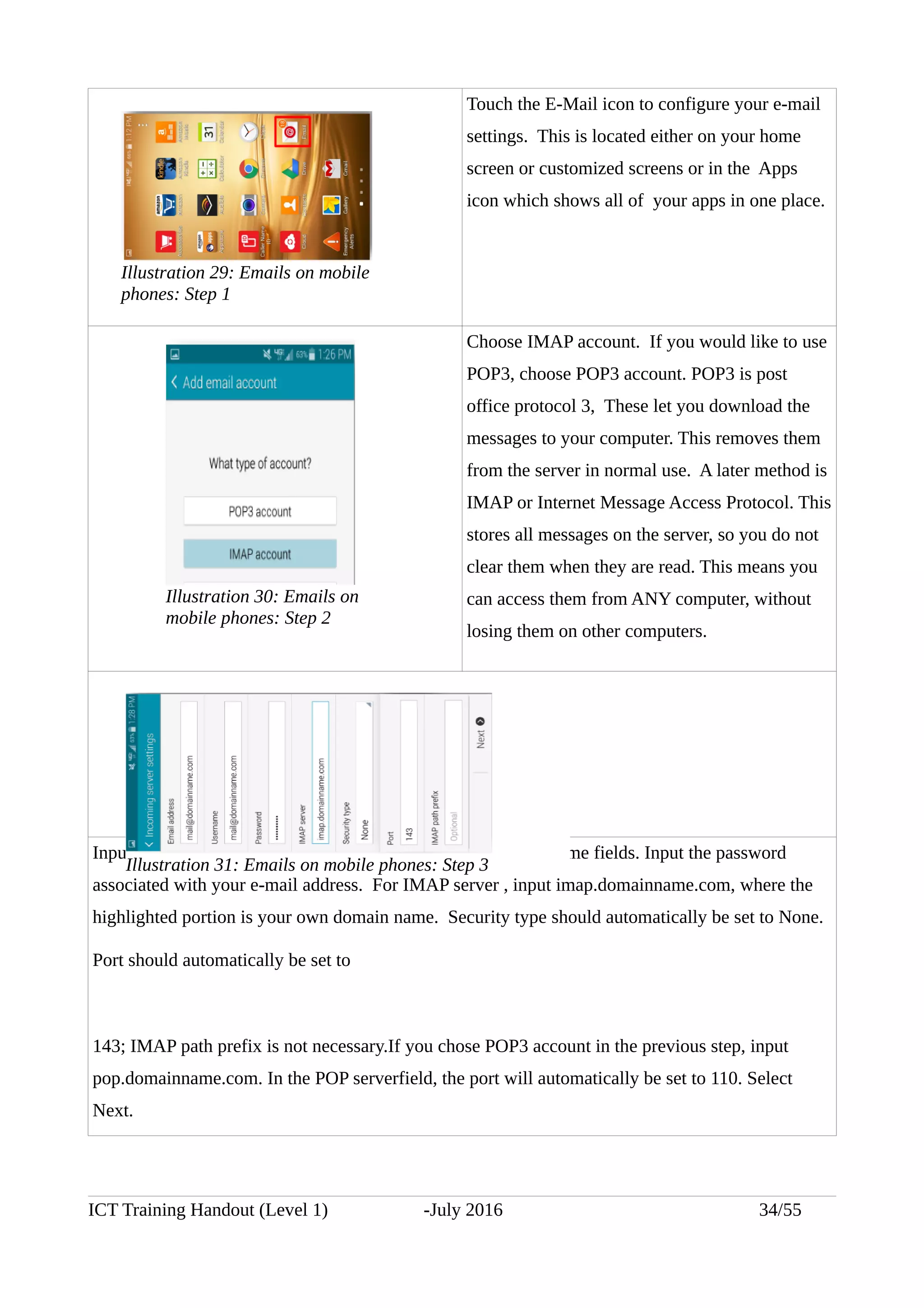 Touch the E-Mail icon to configure your e-mail
settings. This is located either on your home
screen or customized screens or in the Apps
icon which shows all of your apps in one place.
Choose IMAP account. If you would like to use
POP3, choose POP3 account. POP3 is post
office protocol 3, These let you download the
messages to your computer. This removes them
from the server in normal use. A later method is
IMAP or Internet Message Access Protocol. This
stores all messages on the server, so you do not
clear them when they are read. This means you
can access them from ANY computer, without
losing them on other computers.
Input your e-mail address in both the Email address and Username fields. Input the password
associated with your e-mail address. For IMAP server , input imap.domainname.com, where the
highlighted portion is your own domain name. Security type should automatically be set to None.
Port should automatically be set to
143; IMAP path prefix is not necessary.If you chose POP3 account in the previous step, input
pop.domainname.com. In the POP serverfield, the port will automatically be set to 110. Select
Next.
ICT Training Handout (Level 1) -July 2016 34/55
Illustration 29: Emails on mobile
phones: Step 1
Illustration 30: Emails on
mobile phones: Step 2
Illustration 31: Emails on mobile phones: Step 3
 