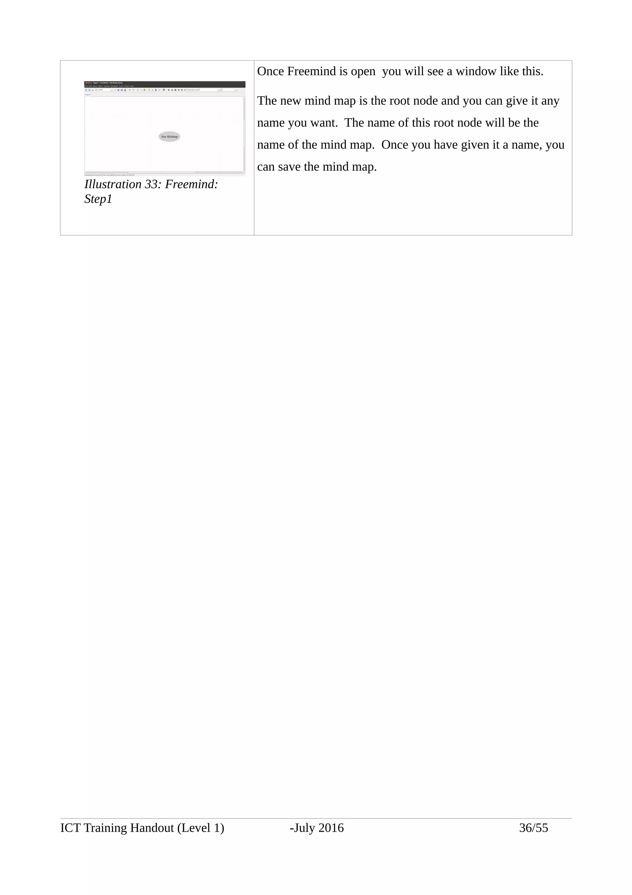 Once Freemind is open you will see a window like this.
The new mind map is the root node and you can give it any
name you want. The name of this root node will be the
name of the mind map. Once you have given it a name, you
can save the mind map.
ICT Training Handout (Level 1) -July 2016 36/55
Illustration 33: Freemind:
Step1
 