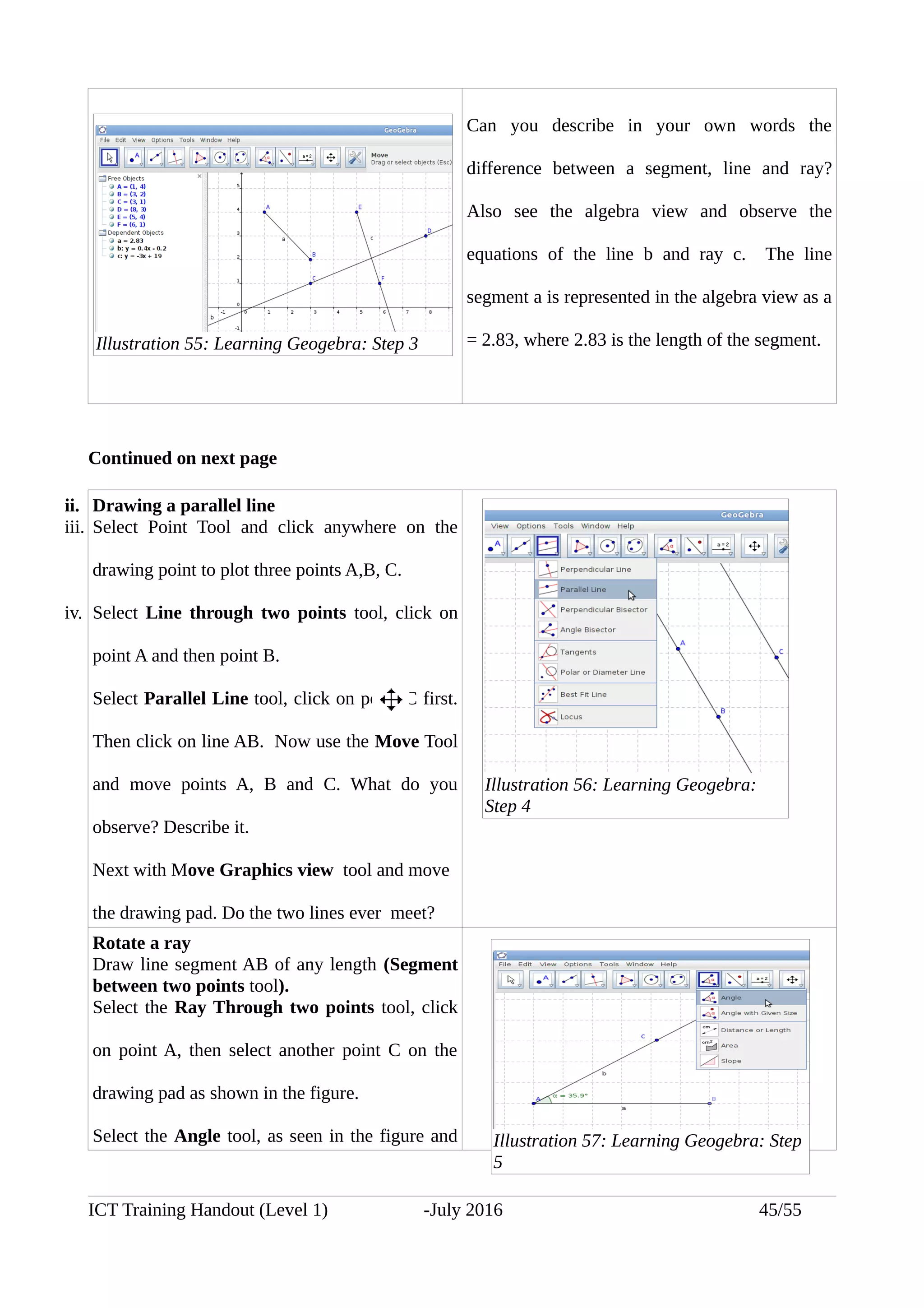 Can you describe in your own words the
difference between a segment, line and ray?
Also see the algebra view and observe the
equations of the line b and ray c. The line
segment a is represented in the algebra view as a
= 2.83, where 2.83 is the length of the segment.
Continued on next page
ii. Drawing a parallel line
iii. Select Point Tool and click anywhere on the
drawing point to plot three points A,B, C.
iv. Select Line through two points tool, click on
point A and then point B.
Select Parallel Line tool, click on point C first.
Then click on line AB. Now use the Move Tool
and move points A, B and C. What do you
observe? Describe it.
Next with Move Graphics view tool and move
the drawing pad. Do the two lines ever meet?
Rotate a ray
Draw line segment AB of any length (Segment
between two points tool).
Select the Ray Through two points tool, click
on point A, then select another point C on the
drawing pad as shown in the figure.
Select the Angle tool, as seen in the figure and
ICT Training Handout (Level 1) -July 2016 45/55
Illustration 55: Learning Geogebra: Step 3
Illustration 56: Learning Geogebra:
Step 4
Illustration 57: Learning Geogebra: Step
5
 
