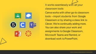 It works seamlessly with all your
classroom tools
Canvaworks with other go-to classroom
tools – import students from Google
Classroom or by sharing a class link to
Clever. We’re continually adding more.
You can also share your work and
assignments toGoogle Classroom,
Microsoft Teams and Remind, or
download work toPowerPoint.
Z IM C O R EH U B S|D ESIG N T H IN K IN G
 