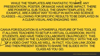 WHILE THE TEMPLATES ARE FANTASTIC TOMAKE ANY
PRESENTATION, POSTER, ORIMAGE HAVE MORE IMPACT, THERE
ARE POWERFUL SUB-TOOLS. THE GRAPH TEMPLATES, FOR
EXAMPLE, AREAGREAT WAY TOHELP IN MATH AND SCIENCE
CLASSES –ALLOWING FORSPECIFIC RESULTS TOBE DISPLAYED IN
ACLEAR VISUAL AND ENGAGING WAY.
CANVA FOREDUCATION IS APOWERFUL FEATURE OFTHIS TOOLAS
IT ALLOWS TEACHERS TOSETUPAVIRTUAL CLASSROOM, INVITE
STUDENTS, AND HAVE THEM COLLABORATE ONAPROJECT. THIS
COULD BE USED IN THE CLASSROOM OR REMOTELY, WITH THE AID
OFAVIDEO CHAT TOOLAS WELL. IN FACT, YOU CAN LINK ZOOM
AND THEN PRESENT SCREEN TOSHARE THE SLIDES WITH THE
CLASS AS YOU GO.
Z IM C O R EH U B S|D ESIG N T H IN K IN G
 