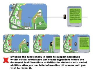 By using the functionally in IWBs to support narratives
within virtual worlds you can create hyperlinks within the
document to differentiate activities for students with varied
abilities. Also you can hide information off screen until you
wish to reveal it.
 
