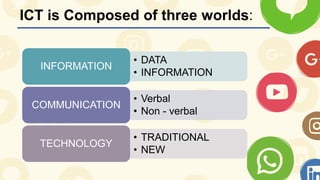 ICT is Composed of three worlds:
• DATA
• INFORMATION
INFORMATION
• Verbal
• Non - verbal
COMMUNICATION
• TRADITIONAL
• NEW
TECHNOLOGY
 