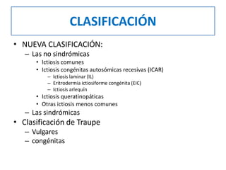 CLASIFICACIÓN
• NUEVA CLASIFICACIÓN:
– Las no sindrómicas
• Ictiosis comunes
• Ictiosis congénitas autosómicas recesivas (ICAR)
– Ictiosis laminar (IL)
– Eritrodermia ictiosiforme congénita (EIC)
– Ictiosis arlequín
• Ictiosis queratinopáticas
• Otras ictiosis menos comunes
– Las sindrómicas
• Clasificación de Traupe
– Vulgares
– congénitas
 