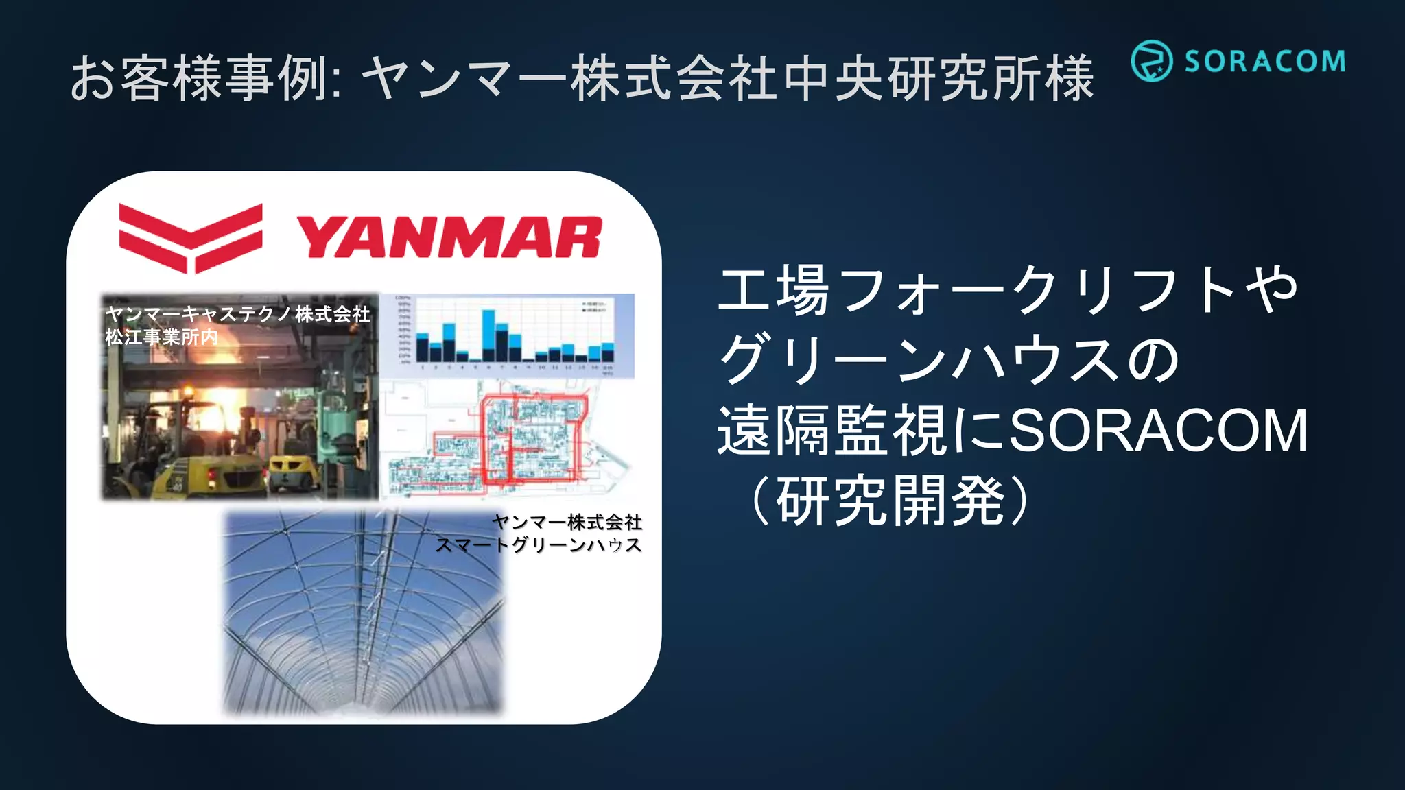 お客様事例: ヤンマー株式会社中央研究所様
工場フォークリフトや
グリーンハウスの
遠隔監視にSORACOM
（研究開発）
ヤンマーキャステクノ株式会社
松江事業所内
ヤンマー株式会社
スマートグリーンハウス
 