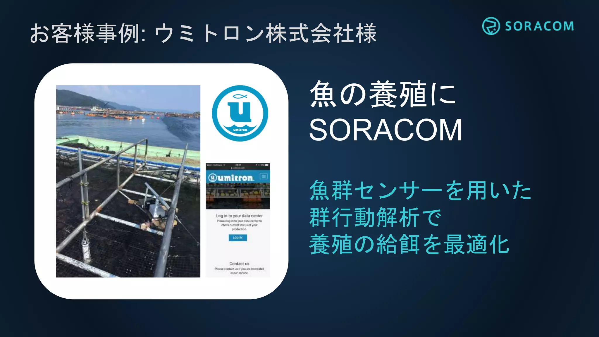 お客様事例: ウミトロン株式会社様
魚群センサーを用いた
群行動解析で
養殖の給餌を最適化
魚の養殖に
SORACOM
 