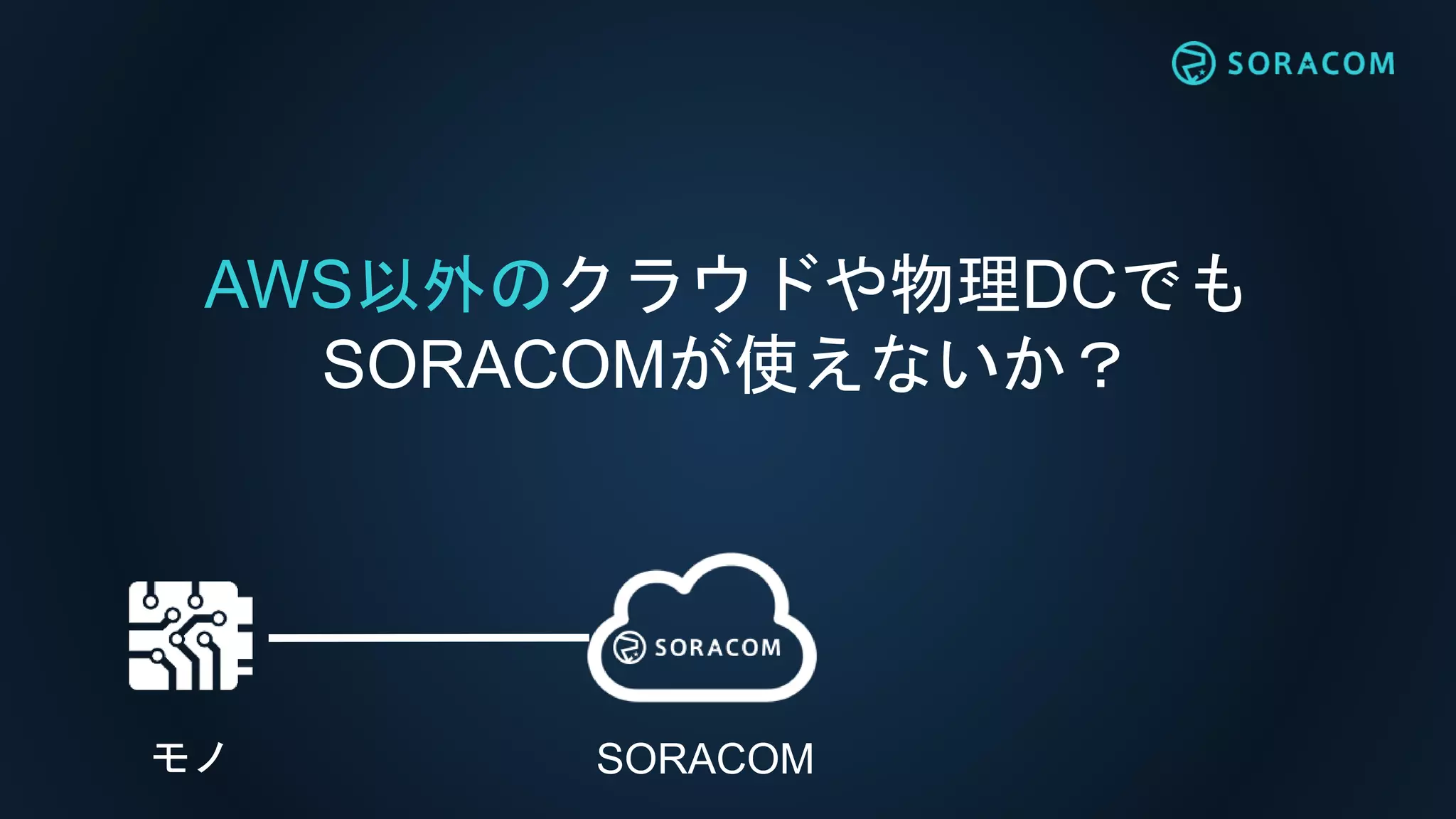 AWS以外のクラウドや物理DCでも
SORACOMが使えないか？
SORACOMモノ
 