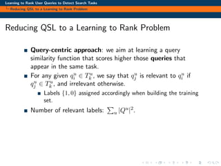 Learning to Rank User Queries to Detect Search Tasks
Reducing QSL to a Learning to Rank Problem
Reducing QSL to a Learning to Rank Problem
Query-centric approach: we aim at learning a query
similarity function that scores higher those queries that
appear in the same task.
For any given qu
i ∈ Tu
k , we say that qu
j is relevant to qu
i if
qu
j ∈ Tu
k , and irrelevant otherwise.
Labels {1, 0} assigned accordingly when building the training
set.
Number of relevant labels: u |Qu|2.
 