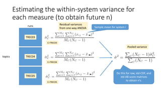 Estimating the within-system variance for
each measure (to obtain future n)
TREC03
TREC04
TREC05
runs
topics
C=TREC03
C=TREC04
C=TREC05
Residual variances
from one-way ANOVA
Pooled variance
Sample mean for system i
Do this for raw, std-CDF, and
std-AB score matrices
to obtain n’s.
 