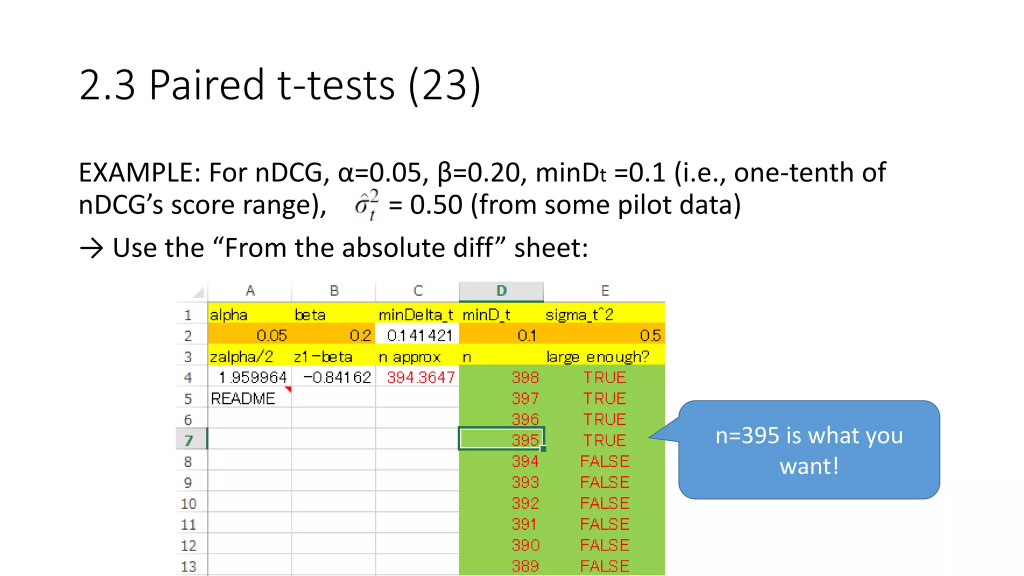 2.3 Paired t-tests (23)
EXAMPLE: For nDCG, α=0.05, β=0.20, minDt =0.1 (i.e., one-tenth of
nDCG’s score range), = 0.50 (from some pilot data)
→ Use the “From the absolute diff” sheet:
n=395 is what you
want!
 