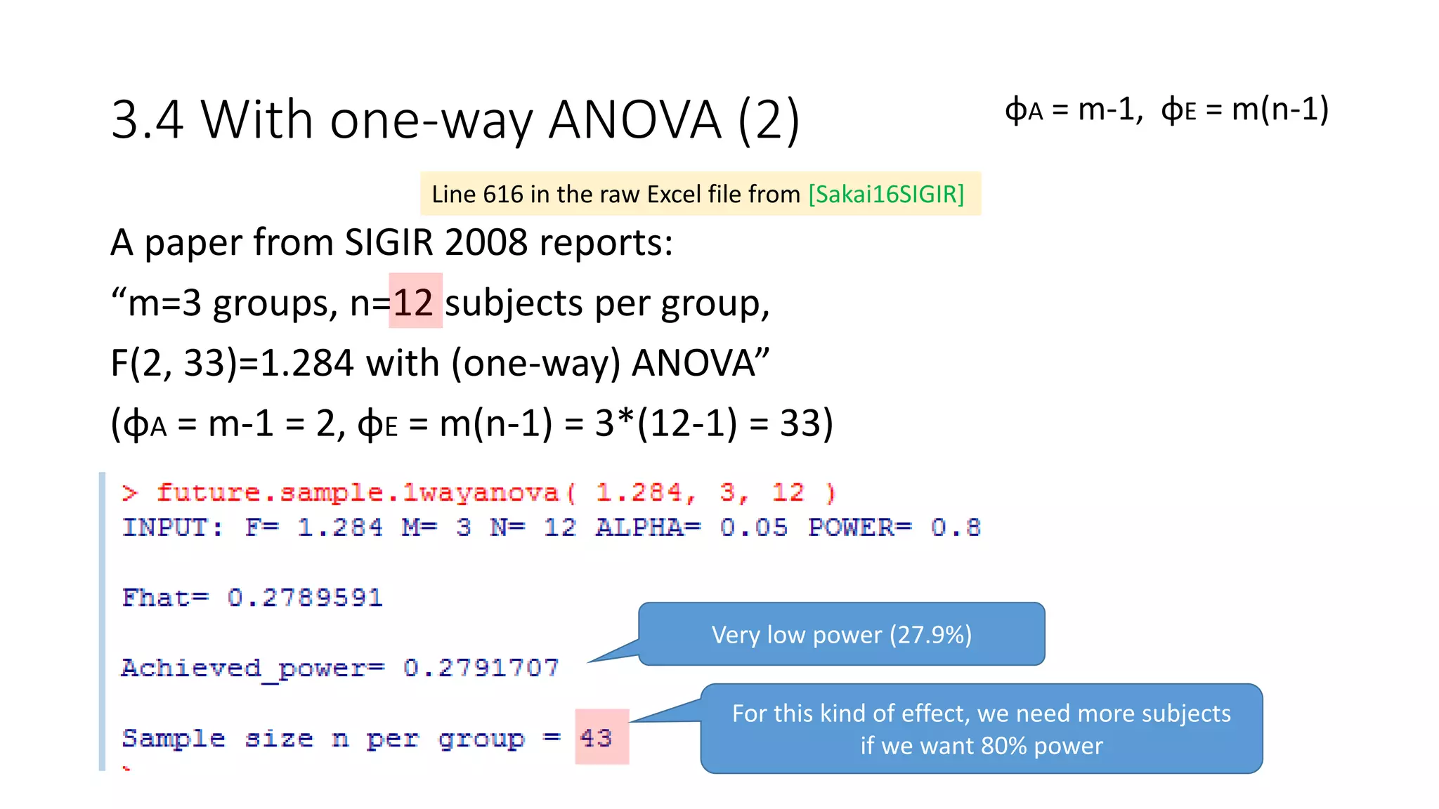 3.4 With one-way ANOVA (2) φA = m-1, φE = m(n-1)
A paper from SIGIR 2008 reports:
“m=3 groups, n=12 subjects per group,
F(2, 33)=1.284 with (one-way) ANOVA”
(φA = m-1 = 2, φE = m(n-1) = 3*(12-1) = 33)
Line 616 in the raw Excel file from [Sakai16SIGIR]
Very low power (27.9%)
For this kind of effect, we need more subjects
if we want 80% power
 
