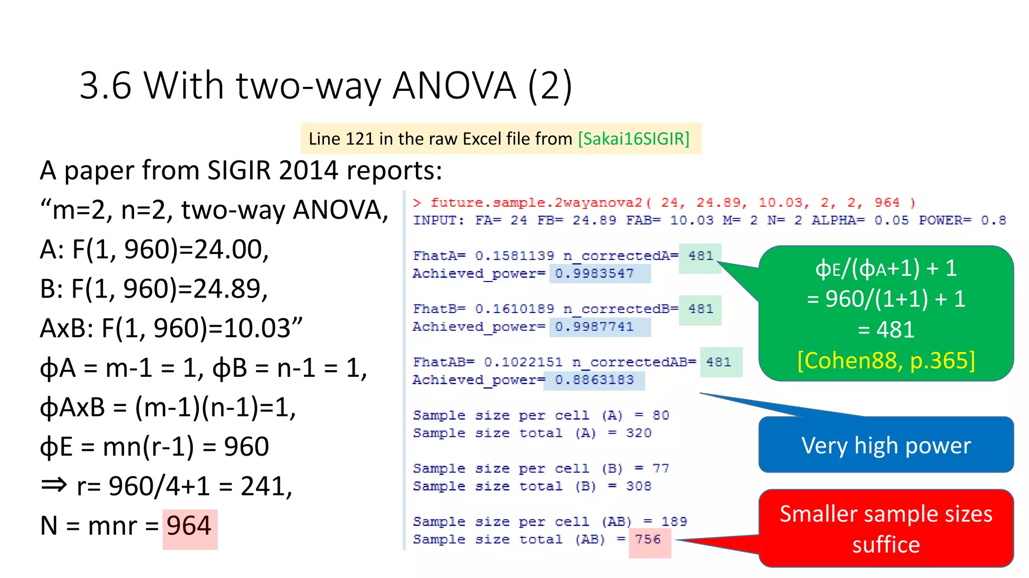 3.6 With two-way ANOVA (2)
A paper from SIGIR 2014 reports:
“m=2, n=2, two-way ANOVA,
A: F(1, 960)=24.00,
B: F(1, 960)=24.89,
AxB: F(1, 960)=10.03”
φA = m-1 = 1, φB = n-1 = 1,
φAxB = (m-1)(n-1)=1,
φE = mn(r-1) = 960
⇒ r= 960/4+1 = 241,
N = mnr = 964
Line 121 in the raw Excel file from [Sakai16SIGIR]
Very high power
Smaller sample sizes
suffice
φE/(φA+1) + 1
= 960/(1+1) + 1
= 481
[Cohen88, p.365]
 