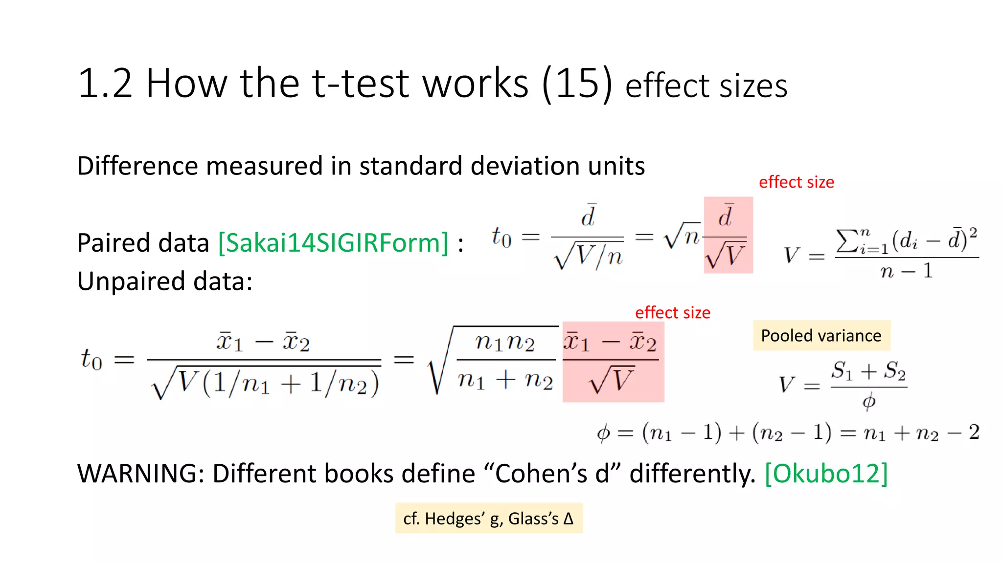 Difference measured in standard deviation units
Paired data [Sakai14SIGIRForm] :
Unpaired data:
WARNING: Different books define “Cohen’s d” differently. [Okubo12]
1.2 How the t-test works (15) effect sizes
effect size
Pooled variance
effect size
cf. Hedges’ g, Glass’s Δ
 