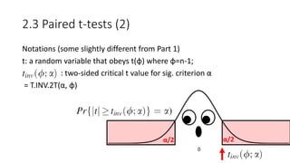 2.3 Paired t-tests (2)
Notations (some slightly different from Part 1)
t: a random variable that obeys t(φ) where φ=n-1;
: two-sided critical t value for sig. criterion α
= T.INV.2T(α, φ)
α/2 α/2
0
 
