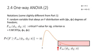 2.4 One-way ANOVA (2)
Notations (some slightly different from Part 1)
F: random variable that obeys an F distribution with (φA, φE) degrees of
freedom;
: critical F value for sig. criterion α
= F.INT.RT(α, φA, φE)
α
0
φA = m-1
φE = m(n-1)
 