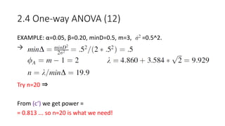 2.4 One-way ANOVA (12)
EXAMPLE: α=0.05, β=0.20, minD=0.5, m=3, =0.5^2.
→
Try n=20 ⇒
From (c’) we get power =
= 0.813 ... so n=20 is what we need!
 