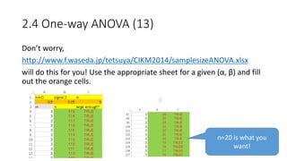 2.4 One-way ANOVA (13)
Don’t worry,
http://www.f.waseda.jp/tetsuya/CIKM2014/samplesizeANOVA.xlsx
will do this for you! Use the appropriate sheet for a given (α, β) and fill
out the orange cells.
:
n=20 is what you
want!
 