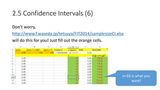 2.5 Confidence Intervals (6)
Don’t worry,
http://www.f.waseda.jp/tetsuya/FIT2014/samplesizeCI.xlsx
will do this for you! Just fill out the orange cells.
n=33 is what you
want!
 