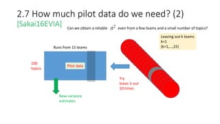 2.7 How much pilot data do we need? (2)
[Sakai16EVIA] Can we obtain a reliable even from a few teams and a small number of topics?
100
topics
Runs from 15 teams
Pilot data
New variance
estimates
Try
leave-1-out
10 times
Leaving out k teams
k=1
(k=1,...,15)
 